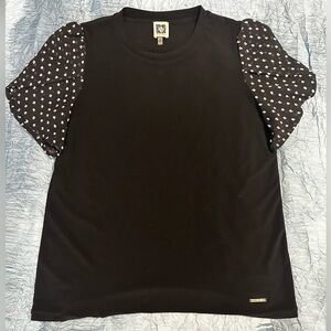 151. Anne Klein Black Top with light sheer Print Sleeves